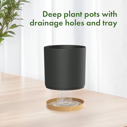Meowell 8/7/6 inch Flower Pots, 3 Pack Cylinder Plant Pots for Outdoor Indoor Plants, Decorative Plastic Planters with Drainage Holes and Saucers for Garden House Plants, Black with Brown by Meowell - Image 4