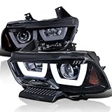 SPEC-D TUNING Dual Halo LED Glossy Black Smoke Projector Headlights Compatible with 2011-2014 Dodge Charger, Left + Right Pair Headlamps Assembly