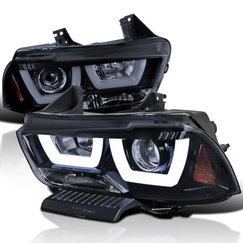 SPEC-D TUNING Dual Halo LED Glossy Black Smoke Projector Headlights Compatible with 2011-2014 Dodge Charger Left + Right Pair Headlamps Assembly