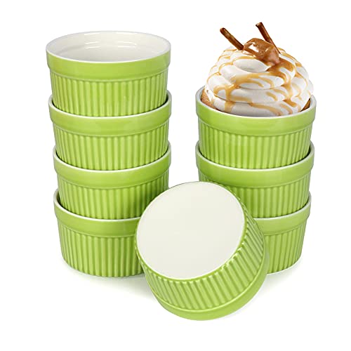 6oz Porcelain Ramekins, SZUAH 3.5 INCH Classic Style Baking Ramekins Souffle Dishes for Creme Brulee, Souffle, Appetizer, Custard, Pudding, Dipping Bowl, Set of 8, Green