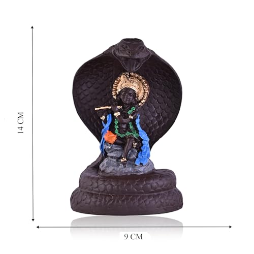 Image of Craftam Polyresin Smoke Backflow Fountain Like Waterfall Krishna Incense Holder Decorative Showpiece Gift with Free 20 Scented Cone Incenses (Naag Krishna), Multicolor