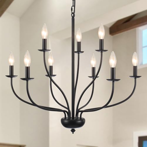 KOOFREDDO Black Farmhouse Chandelier 9-Light, 2-Tier Candle Chandeliers for Dining