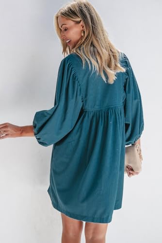 Womens Casual Dresses Corduroy Button Up Empire Waist 3/4 Sleeve Fall Winter Mini Babydoll Dress3