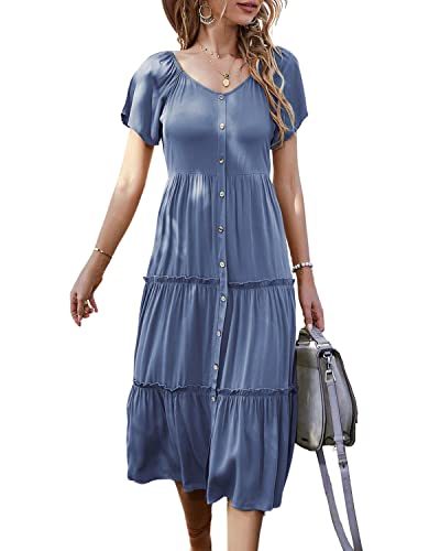 BebreezChic Vestidos de Verano Mujer Largos Evasé Color Sólido Manga Corta Casual Azul XL Cover