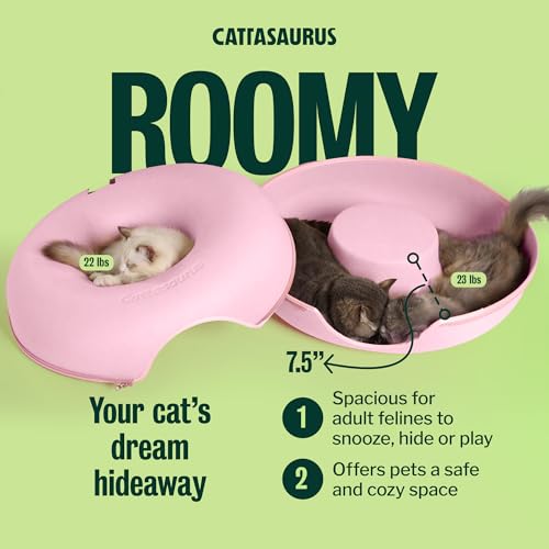 Image of Cattasaurus Peekaboo Cat Cave Donut for Multiple & Large Cats up to 30-45 lbs, 3-in-1 Self Warming Cat Bed, Tunnel & Scratcher for Indoor Cats, Washable & Detachable Small Dog Bed (Pink, Large)