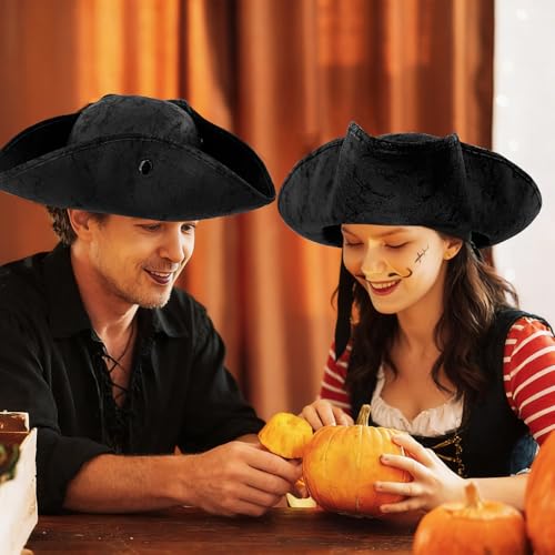 image for Xeehwb Black Pirate-Hat,Women Tricorn Leather Hat,Men Vintage Wrinkle 