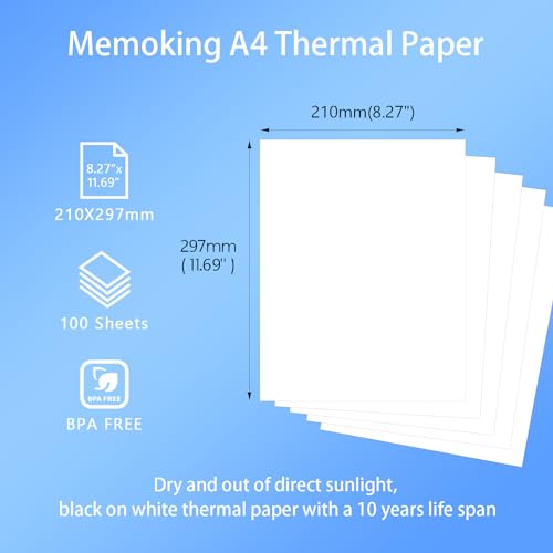 Thermopapier A4-8.27 x 11.69 (210mm x 297mm) Kompatibel mit Phomemo, TATTMUSE & A285M/A28U/A281M/M08F/M832/M832D Thermodrucker A4, für Vertrag, Foto, Hausaufgaben, 10 Jahre Thermopapier, 100 Blatt