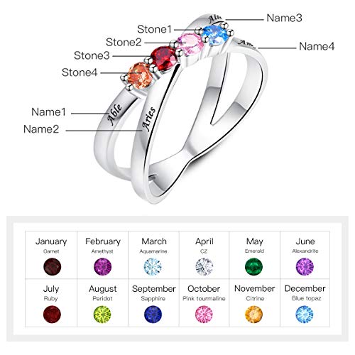 Bonlavie 925 Sterling Silver Engagement Promise Ring For Her Double Twisted Stacking 4 Round Birthstones Customized & Personalized Rings For Women Mother Size 7.5 #TOP3