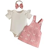 Eqenkely Conjunto Faldas para Niñas Recién Nacidas Manga Corta Rayas/Liso Top con Volantes + Vestido con Tirantes + Diadema 3Pcs Ropa Trajes Rosa 18-24 Meses