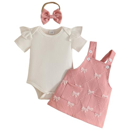 Eqenkely Conjunto Faldas para Niñas Recién Nacidas Manga Corta Rayas/Liso Top con Volantes + Vestido con Tirantes + Diadema 3Pcs Ropa Trajes Rosa 6-12 Meses