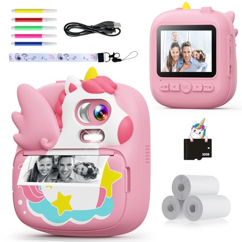 CAMCLID Camara Fotos Infantil Instantanea, 2,4 ’‘ HD 1080P Cámara Fotos Infantil con Tarjeta de 32G y Papel Fotográfico de Impresión, Niños y Niñas de 3 a 12 años (Rosa)