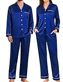 SWOMOG Women & Mens Pajamas Matching Pajamas Set Silk Satin Pj Set Long Sleeve Button Down Sleepwear 2 Pcs Loungewear Navy Blue Small