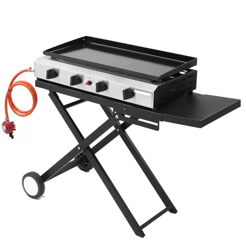 Bonnlo Foldable Gas BBQ with Side Tables, 4 Burner Portable Propane Griddle with Thermometer & Enameled Tray, Folding Trolley with Wheels - Outdoor Cooking BBQ Tailgating Picnic Party Camping