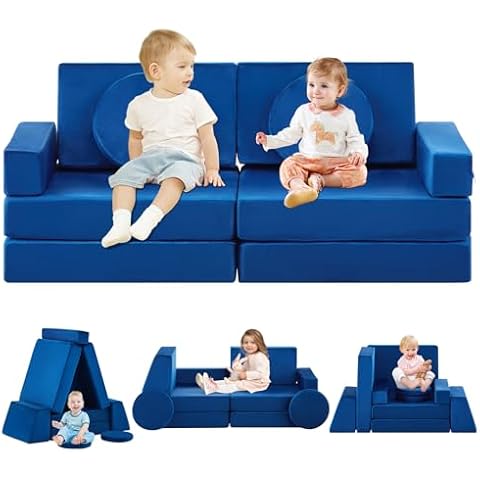 TUKAILAi 10PCS Modular Kids Play Couch, Convertible Child Sectional Sofa, Imaginative Furniture Play Set for Creative Kids, Toddler, Teen Nugget Couch for Boys and Girls(Blue) Cover