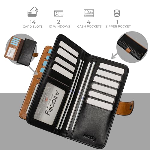 RFID Blocking Leather Wallet for Women, Slim Trifold with 14 Card Slots and Zipper Pocket (Brown&Black)2