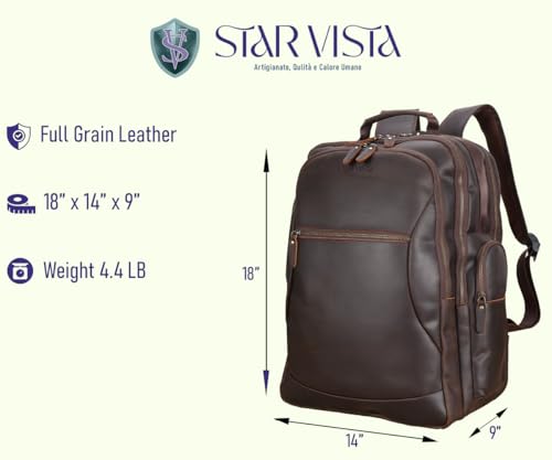 STAR VISTA Nettuno 17.3" X-Large Vintage Travel Leather Laptop Backpack for Men, Multi Pockets, Casual Outdoor Business Rucksack, 32L Capacity, YKK Zippers2