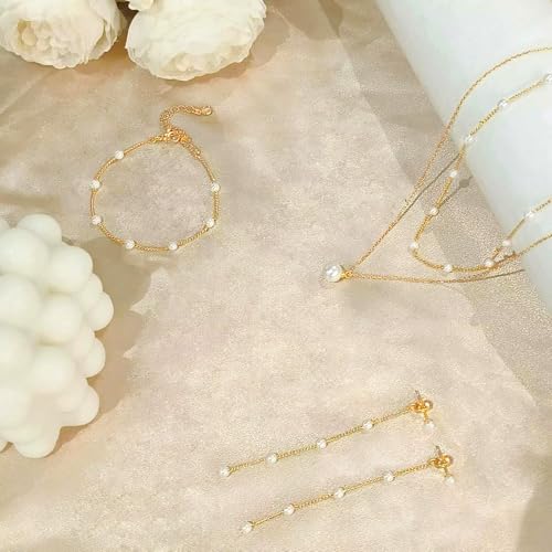 Image of Zeffy Gold Pearl Necklace for Women, Dainty 14K Gold /Silve Plated Layered Pearl Choker Pearl Earrings Pearl Bracelets Wedding Trendy Gold Jewelry Set for Women Gifts