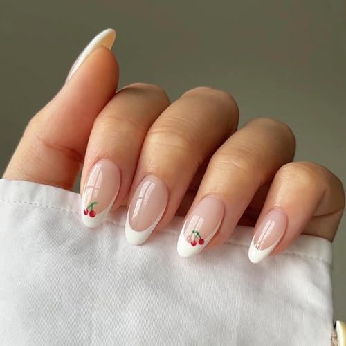 Press on Nails Short - 24pcs Almond False Nails with Cherry Patte...