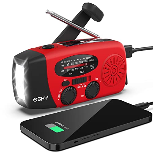 Esky Emergency Hand Crank Radio 7400mWh with 3 LED Flashlight, AM/FM/NOAA Portable Weather Radio with Power Bank Phone Charger, Solar Powered Rechargeable Radio for Indoor Survival Camping, SOS Alarm