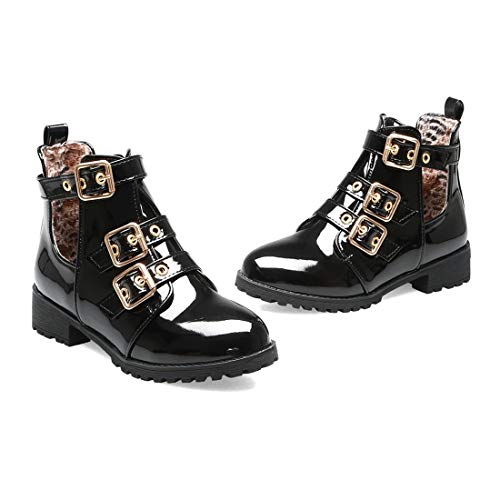 VOKLIN Women's Flat Round Toe Dressy Ankle Booties Fashion Buckle Strappy Zipper Low Heel Combat Short Boots2