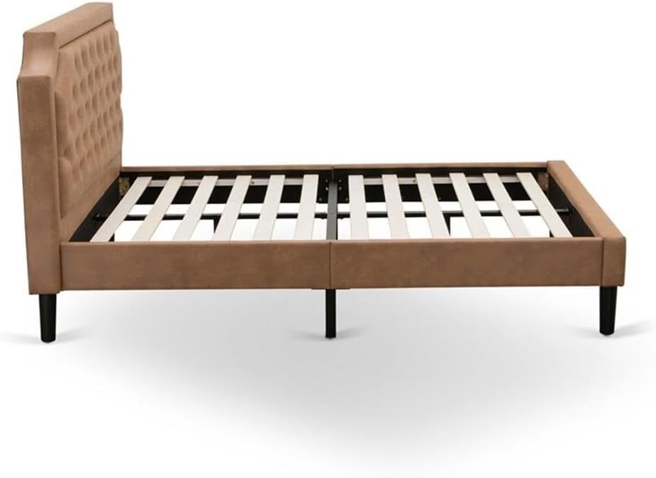 East West Furniture GB28Q-1BF07 2-Piece Granbury Queen Bedroom Set with Button Tufted Modern Bed and 1 Distressed Jacobean Mid Century Nightstand - Brown faux Leather with Brown Texture and Black Legs