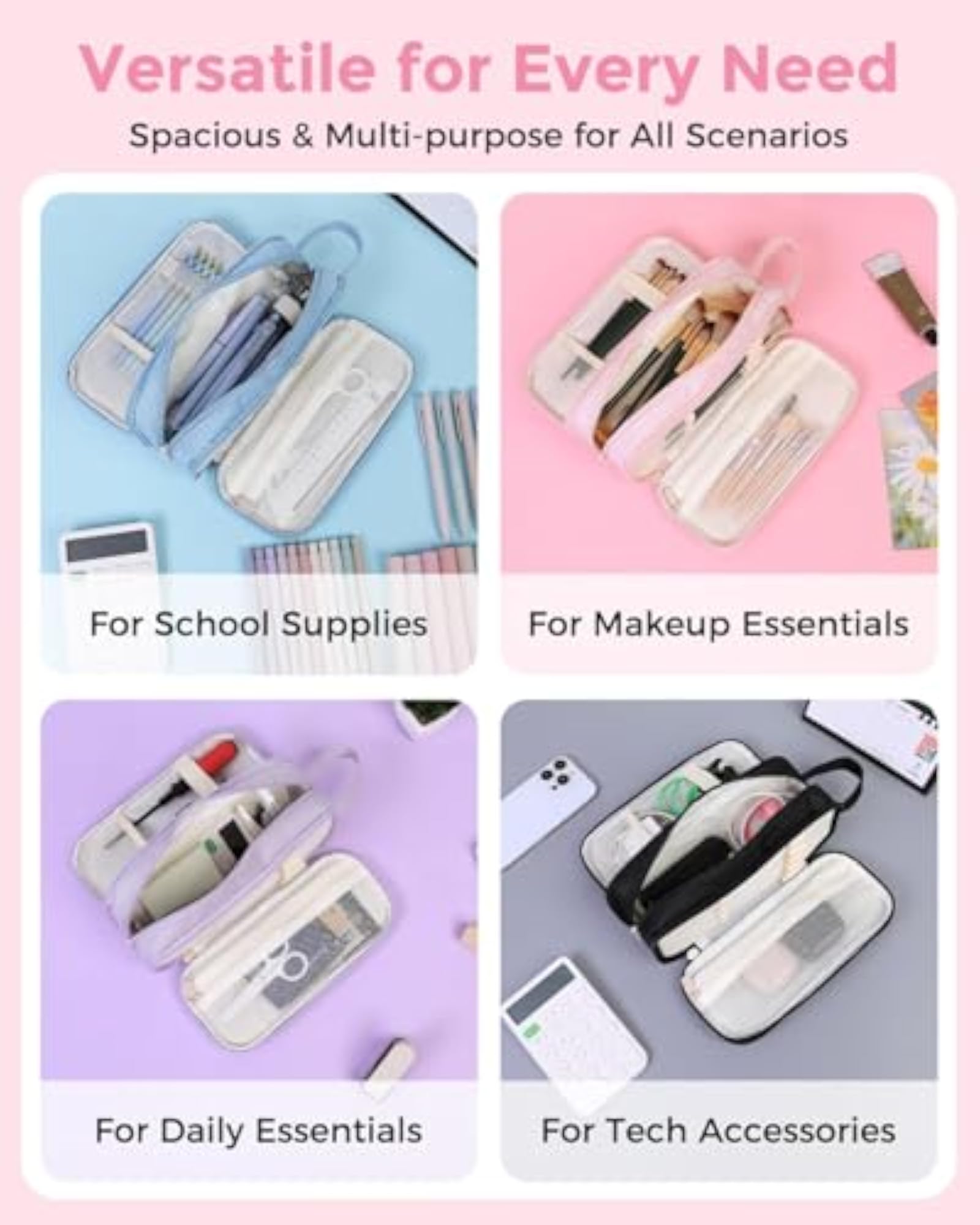 Large Capacity Pencil Case with Handle, 3 Compartment Canvas Pouch
