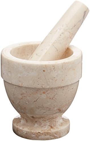 Evco International Natural Marble Stone Mortar and Pestle Set Guacamole Molcajete Bowl, Kitchen Spices, Herbs, Pesto Grinder, 4" Diam. x 4" H, Beige