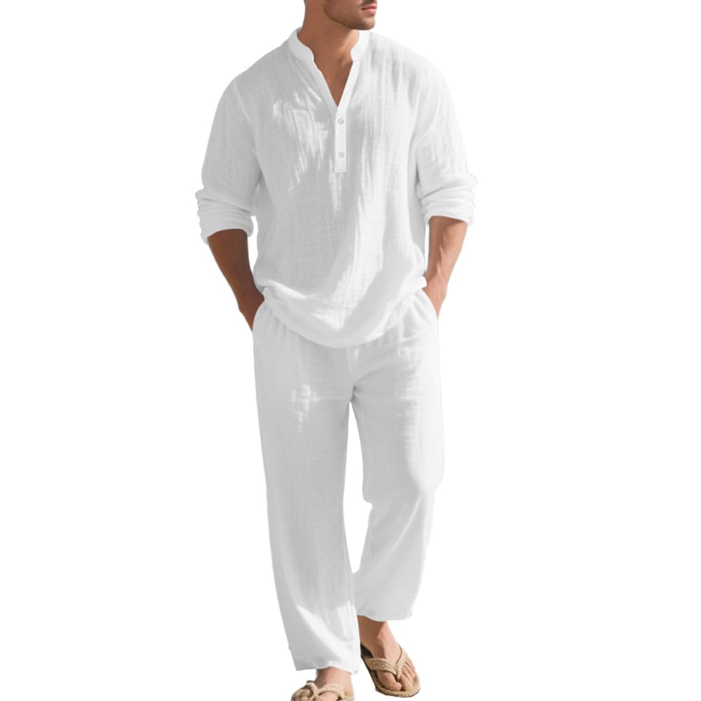 Homme Ensemble en Lin 2 Pièce Casual Chemises Shirt à Manches Longues Pantalons Mode Survêtement Printemps Été Hauts Chemisette et Pantalon