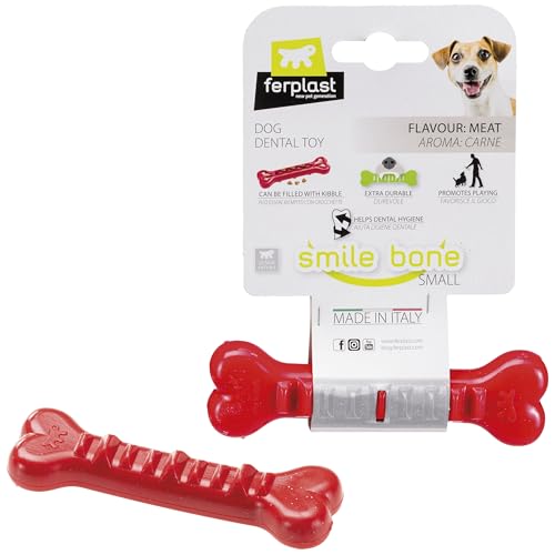 Ferplast Juguete Perro, Hueso Dispensador Comida Perros, Croquetas, en Material Duradero para Masticar, Sabor a Carne, para Higiene Dental, Smile Hueso, Juguetes para Perros Pequeños, Rojo