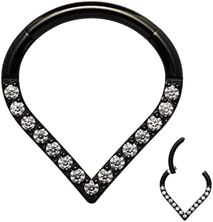 16G Black Piercing Clicker 316L Stainless Steel Hinged Segment Nose Ring CZ Round Teardrop Double Circle Shape Septum Clicker Hoop Daith Lip Rook Tragus Piercing for Men Women (Black+Teardrop Shape+Clear CZ, 16G-10MM)