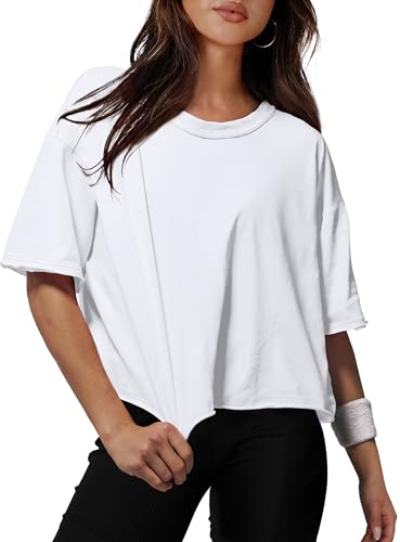 Womens Workout Tops Cotton Short Sleeve Drop Shoulder Boxy Tee Shirts for Women Crop...