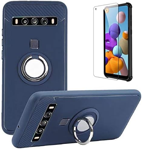 TCL 10 5G UW Case with Tempered Glass Screen Protector, Rotating Ring [Magnetic Car Mount] [360°Kickstand] Holder [Fashion] Soft TPU Protection Cover Case for TCL 10 5G UW (Verizon) (Blue)
