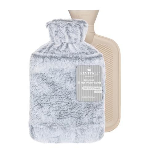 Revitale Luxury Cosy Hot Water Bottle 2 Litre, Soft Cover, Single Ribbed Natural Rubber 2025, British Standard BS1970:2012, Durable & Leak-Resistant (Silver - Sleeve)