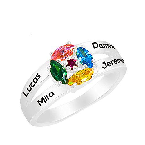 a266XDKSJK Sterling Silver Mothers Rings with Birthstones, Choose 4 Birthstones 4 Names Engraving Customized and Personalized (silver 8)
