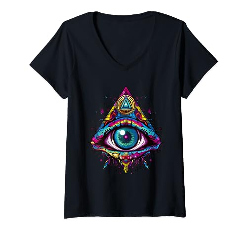 Psychédélic Third Eye, Trance, Illuminati, Goa, Electro T-Shirt avec Col en V