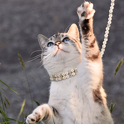 2 Pieces Dog Artificial Pearl Collars Leash Set 2 Rows Pearls Pet Necklace And Pu Leather Pearl Leash With Crystal Rhinestone Imitated Pearl Neck Strap For Dog Cat (0.8 X 47.28 Inch) #TOP2