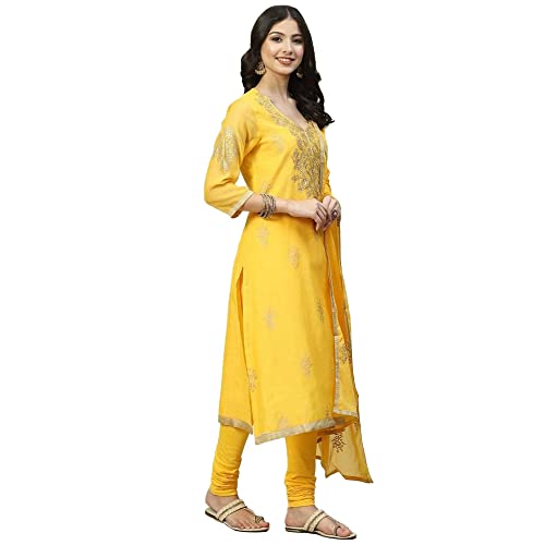 Image of BIBA Women Art Silk Straight Kurta Churidar Suit Set
