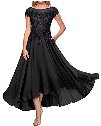Laces Appliques Mother of The Bride Dresses Tea Length Chiffon Short Sleeve Wedding Guest Gowns with Pockets - Image 4