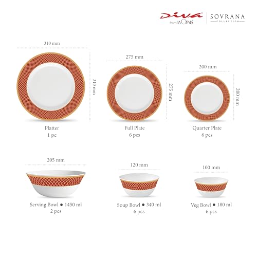 Image of La Opala Diva Sovrana Collection Opal Glass Crockery | for Family of 6 | Dinner Set 27 pcs Regent Red | Plates & Bowls for Dining | Microwave Safe | 100% Vegetarian | Extra Strong | Light & White