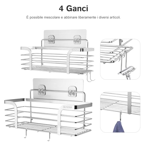 Carehabi Mensola Doccia Senza Foratura 2 Pezzi Organizer Bagno in Acciaio Inox SUS304 con 4 Ganci Mensola Senza Foratura Oggetti Bagno per Shampoo per Bagno e Cucina - Immagine 4