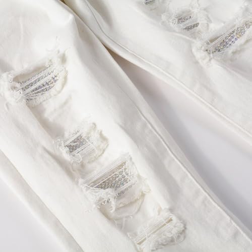 Men's White Stretchy Skinny Slim fit Ripped Distressed Jeans Destroyed Tight Leg Crystals Holes Pants3