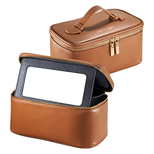 ROWNYEON Large Capacity Cosmetic Bags with Mirror for Women, Waterproof Leather Portable Toiletry Bag, Hard Shell Brushes Makeup Organizer Travel Essentials Makeup Case With Handle and Divider