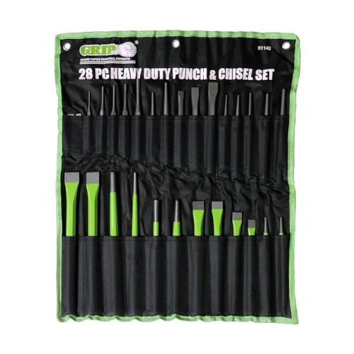 GRIP 28 pc Heavy Duty Punch & Chisel Set - CRV Steel - Taper Punches, Cold Chisels, Pin Punches, Center Punch - Roll Up Vinyl Storage Pouch
