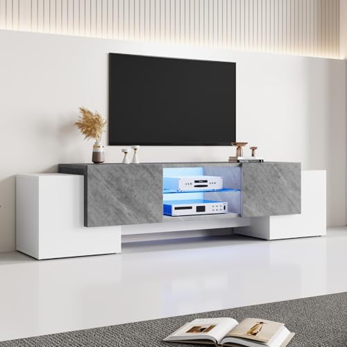 OLIVIBED Moderno armario de TV con puertas plegables, tabla de TV con estantes de cristal, mesa de televisión para televisores de 70 a 80 pulgadas, armario para salón, dormitorio, blanco y gris, 180 x