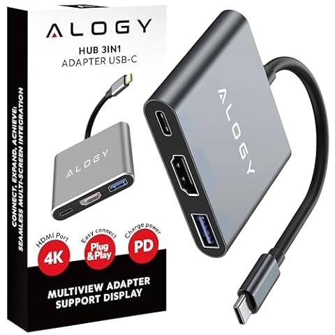 Alogy Adapter przejściówka HUB 3w1 koncentrator z kablem USB typu C na HDMI USB-A USB-C 4K 60Hz szary Plug&Play Full HD, Ultra HD wieloportowy superszybki przenośny rozdzielacz płaski kompaktowy