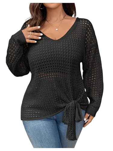 Verdusa Women's Plus Size Hollow Out Crochet Sweaters Bow Tie Knot Pullover Knit Tops