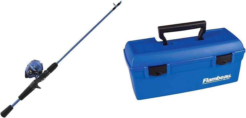 ZebcoSlingshot Spincast Reel and Fishing Rod Combo, 5-Foot 6-Inch 2-Piece Fishing Pole, Right-Hand Retrieve, Pre-Spooled & Flambeau Outdoors 6009TD Lil' Brute Fishing Tackle and Gear Box