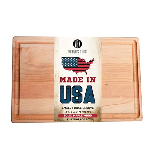 Made in USA Solid Maple Wood Cutting Board by Virginia Boys Kitchens - Butcher Block Wooden Carving Board with Juice Groove made from Sustainable North American Hardwood (8x12)