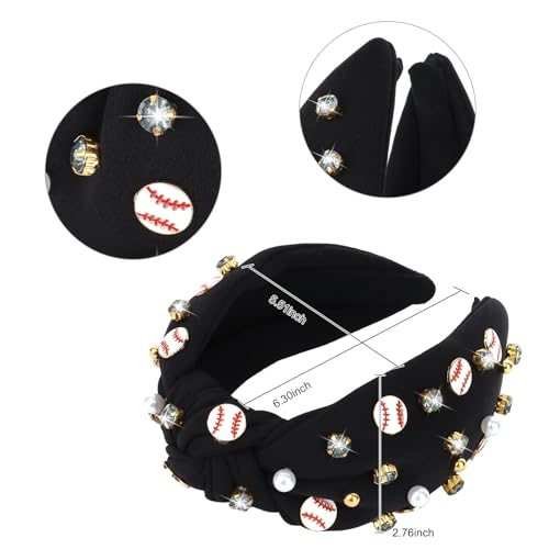 YARIEW Wide Knotted Jeweled Baseball Headband for Women Girls - Top Knot Sports Accessories for Game Day, Fan Mom, Halloween Gifts (Black) - Thumbnail 2