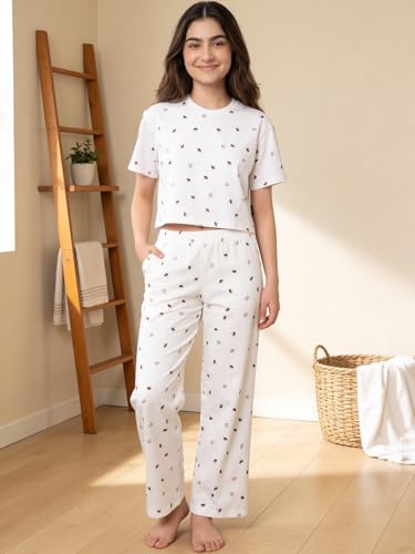 Image of Li'l Tomatoes Girls Cotton Night Suit Set | 100% Cotton Summer Co-Ord Set | Half Sleeve T-Shirt & Full Length Pajama | Soft & Breathable Printed Clothing Set | 9-16 Years